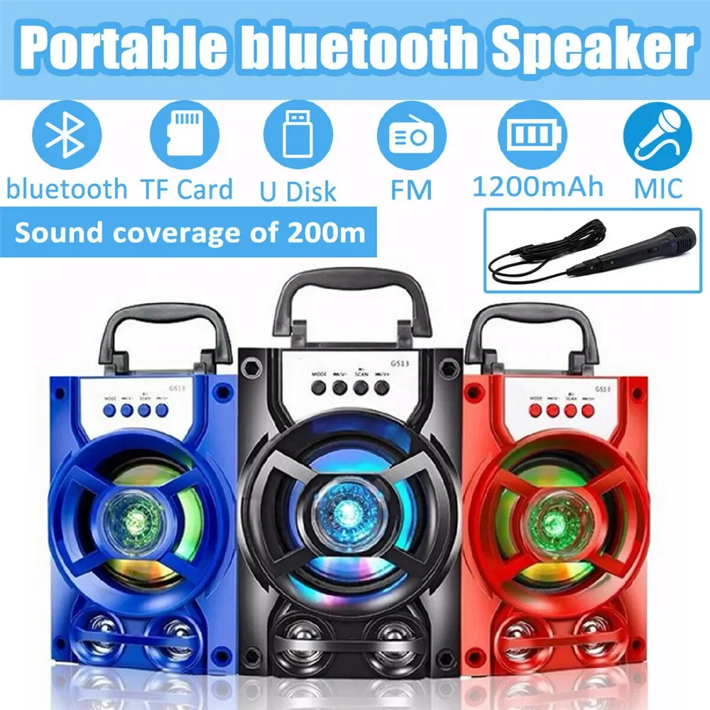 

Bluetooth Speaker With Microphone Colorful LED Light Rechargeable Party Karaoke Machine Supports TF Card/USB FM