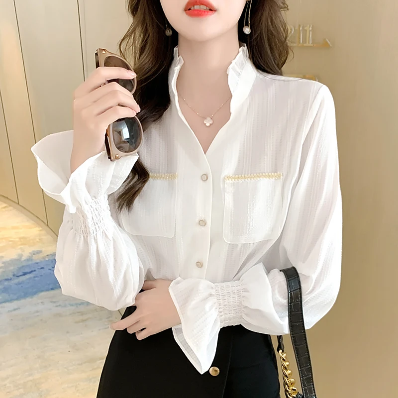 

Chiffon Loose Women's Blouses New Fashion Solid Turn-down Collar White Shirt Summer Casual Long Sleeve Female Clothing