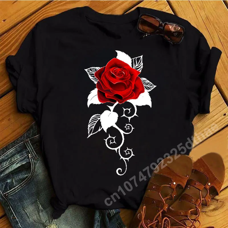 

Women's Fashion T-shirt 2023 Summer Rose 3D Printing Daily Casual Short-sleeved Shirt Round Neck Simple Street Female Clothing