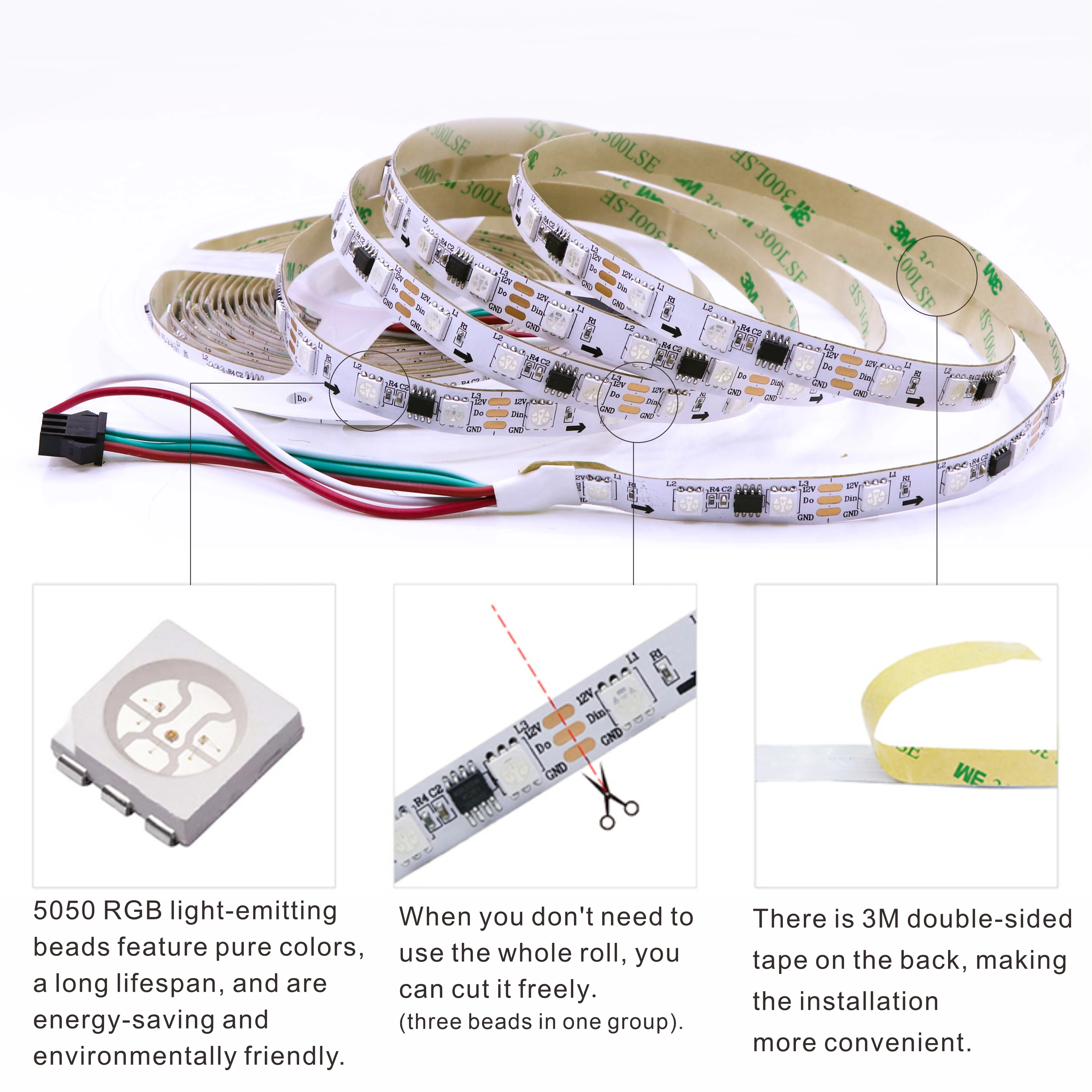 Фото WS2811 Светодиодная лента Magic Color RGB SMD5050, DC12V. Адресные, 30/48/60/84/96 светодиодов. Внешний: 1 микросхема управления управления 3 светодиодами освещения. №3