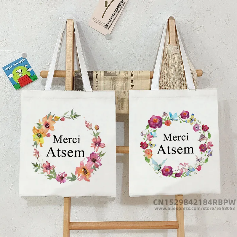 

Merci Atsem Fashion Handbag Shoulder Tote Bags Female Bag Shoppers Simple Eco Flower Print School Book Storage Pouch Atsem Gifts