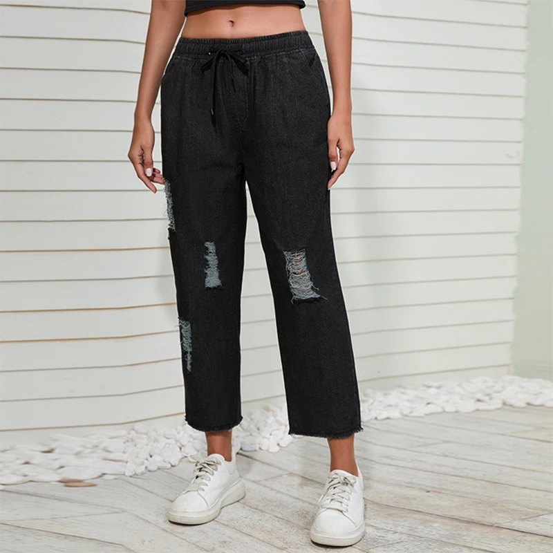 

Women Jeans New Drawstring Mid Waist Nine Point Denim Trousers Vintage Washed Hole Black Denim Pants Fashion Casual Streetwear