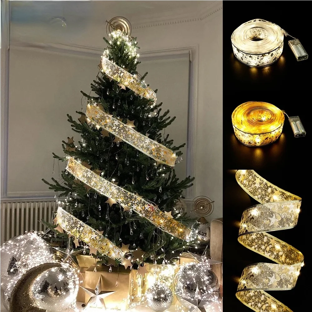 

LED 5M New Year Decoration Double Layer Fairy Lights Strings Christmas Ribbon Bows With LED Christmas Tree Ornaments Home Decor