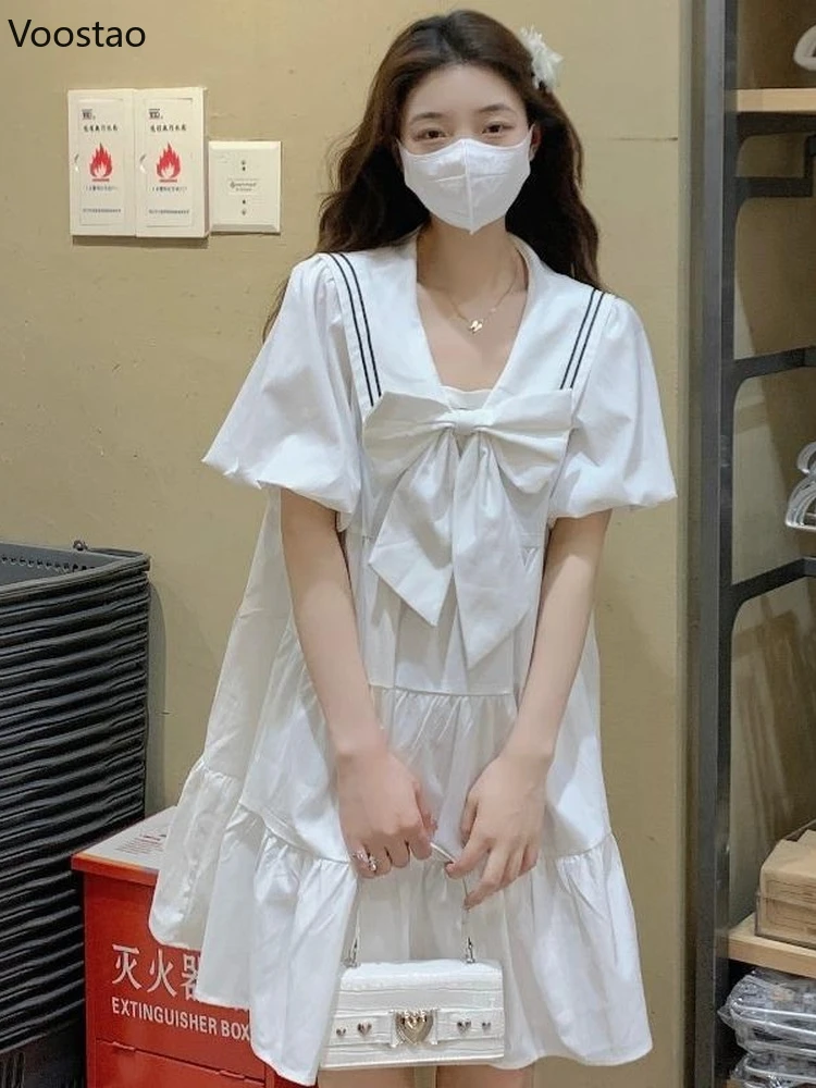 

Sweet Kawaii Lolita White Dress Women Japanese Preppy Style Sailor Collar Puff Sleeve Ruffles Dresses Korean Summer Vestidos