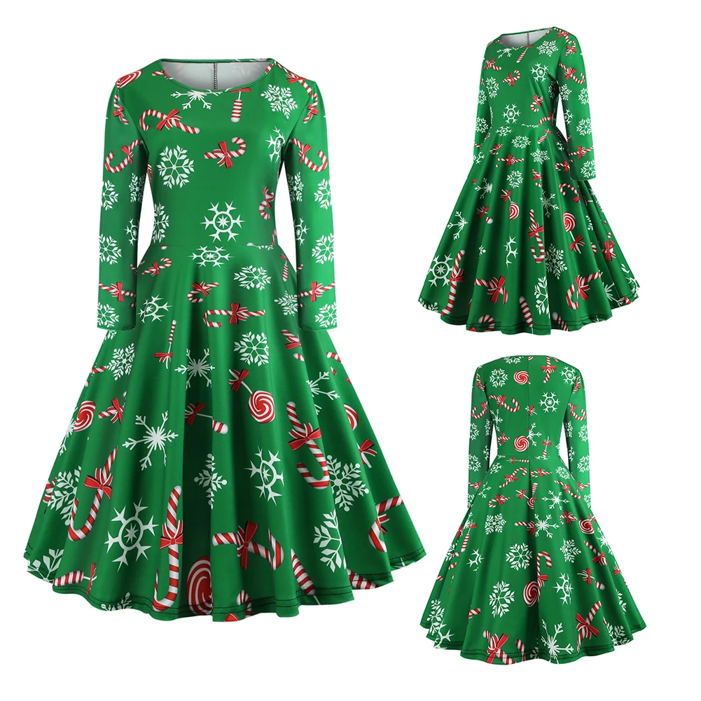 

Retro Xmas Dress Hot Selling Personality Breathable Soft Candy Crutch Print Vintage Long Sleeve Slim Swing Women A-shape Dresses