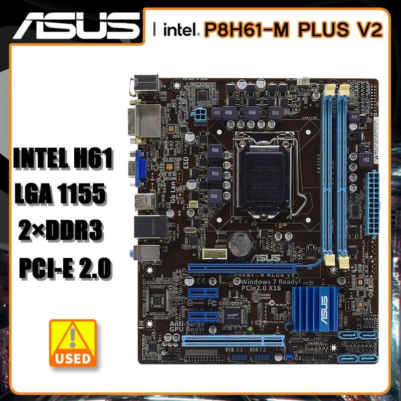 

LGA 1155 Motherboard ASUS P8H61-M PLUS V2 intel H61 Motherboard 2×DDR3 16GB PCI-E 2.0 4×SATA II USB2.0 DVI ATX