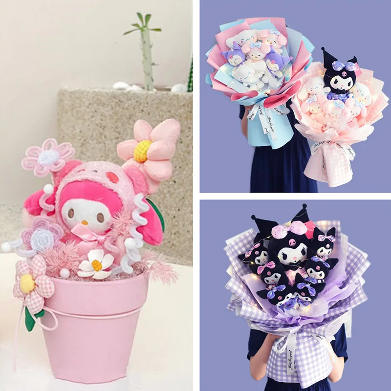 

Sanrios Kawaii Anime Kuromi Cinnamoroll Originality Potting Plush Doll Flower Bouquet Gift Box Romance Valentine's Day Gift Doll