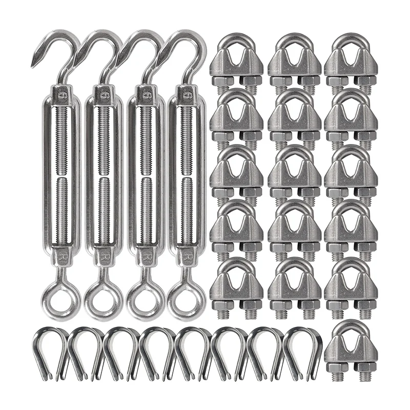 

4-Pcs Turnbuckle/Tension(Eye&Hook, M6) Metal Turnbuckle 16-Pcs 1/8 Inch Wire Rope Cable Clip/Clamp(M3), 8-Pcs Thimble(M3) Kit