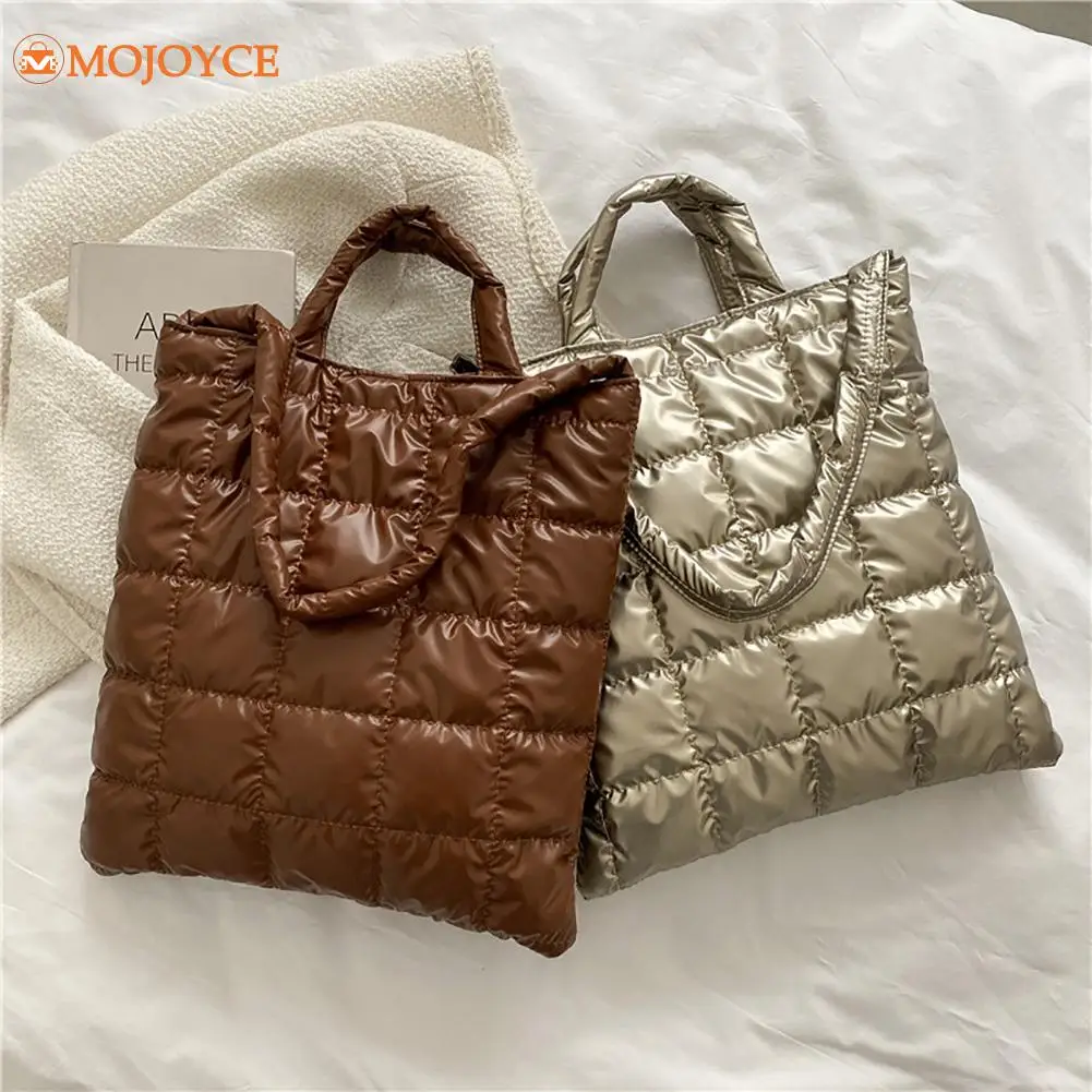 

Winter Women Padded Feather Down Top-handle Bag Winter Pure Color Quilted Handbag Shoulder Bag Large Lattice Crossbody Bag Purse