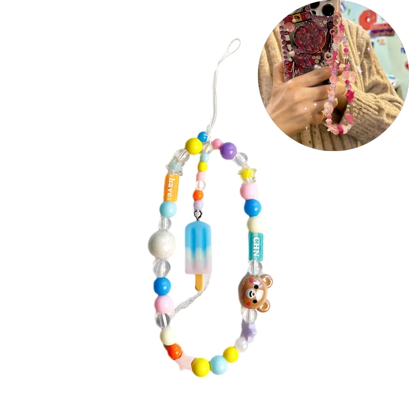 Подвеска для телефона с розовым медведем и бусинами