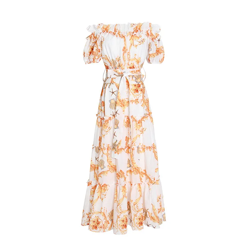 

Праздничный стиль, желтое длинное платье с принтом, Новинка лета 2022, длинное платье на одно плечо с короткими рукавами и оборками