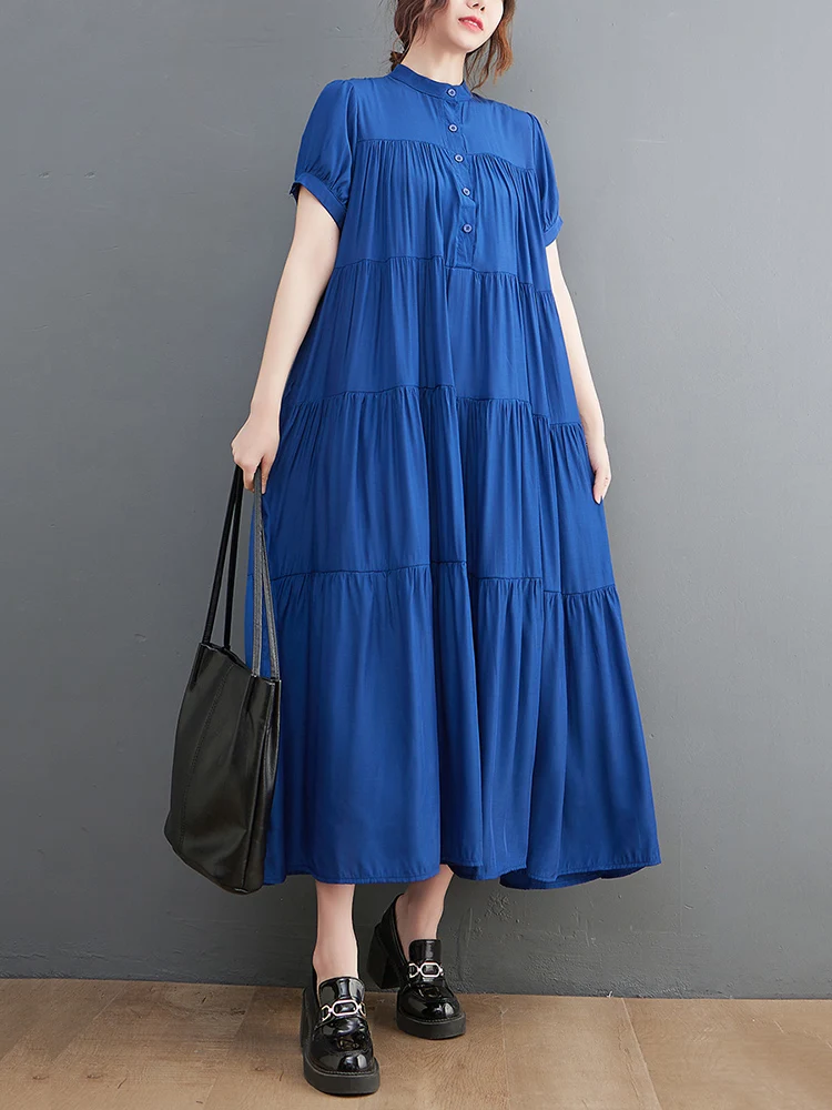 

Blue Vintage Pleated Patchwork Shirt Dresses For Women Short Sleeve Loose Casual Long Summer Dress Fashion Elegant Clothing 2022