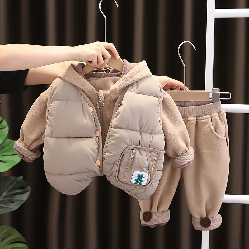 

Baby Boys Girls Thickening Clothing Set New Winter Kids Cartoon Vest+Hooded Jacket+Pants 3pcs Tracksuits Toddler Fashion Clothes