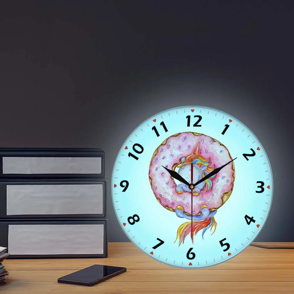 Светящиеся Настенные часы с единорогом и пончиком для девочек домашний декор в