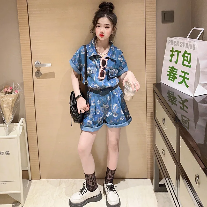 

Summer Girls Jumpsuits Fashion Printed Shorts Sleeve Denim Playsuits Blue Loose Children Bodysuits 12 13 14 Years Kids Costumes