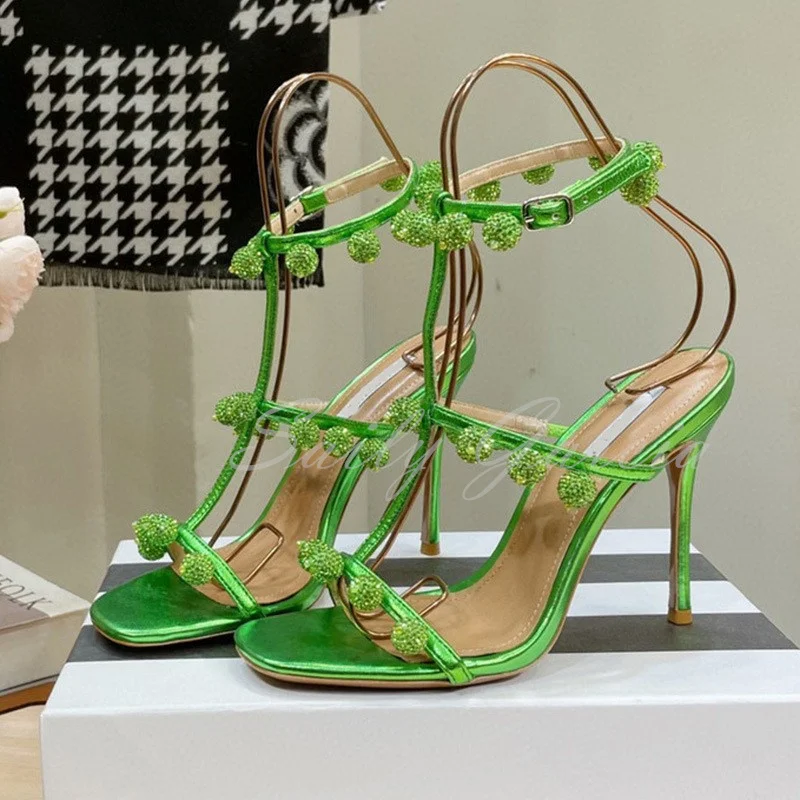 Designer New Crystal Ball Sandals Women Square Toe Cross Ankle Strap Thin High Heel Shoes Summer Sexy Party Wedding Shoes Women