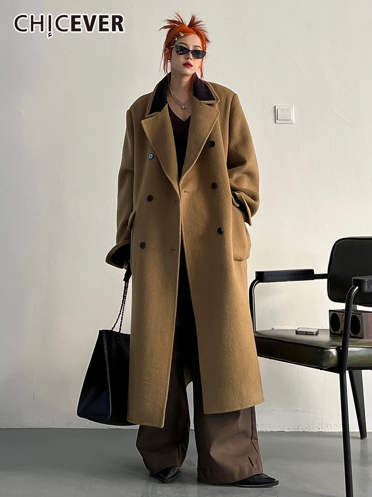 

CHICEVER Casual Coats For Women Lapel Long Sleeve Hit Color Patchwork Double Breasted Korean Temperament Vintage Coat Female New