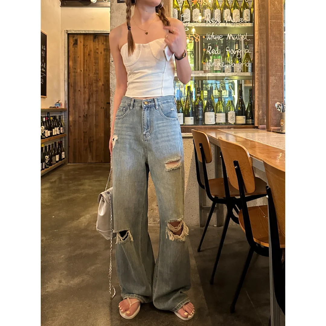 GAGD Washed Wide Leg Jeans Women's clothing Summer New Dropped High Waist Perforated Denim Pants Trend 2023 female