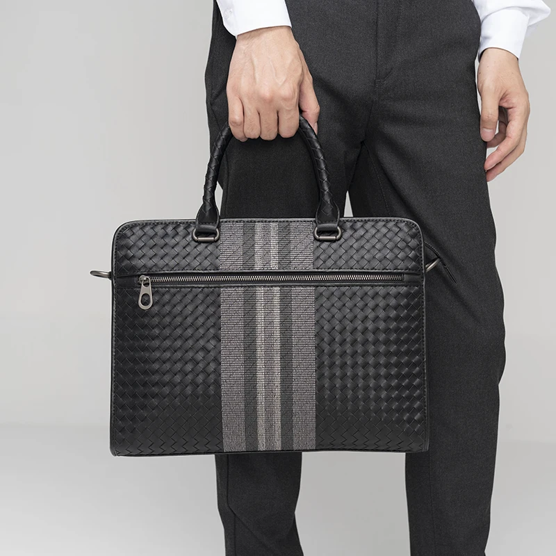 

2023 New Woven 14 Inch Laptop Bags Cow Genuine Leather Men's Briefcase Luxury Brand Weave Male Handbags Messenger Computer Bag