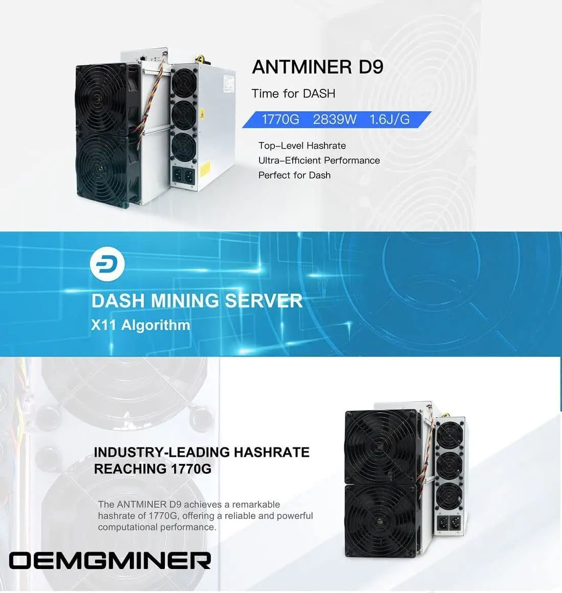 Bitmain Antminer Dash Miner D9 Hashrate 1770G Мощность 2839 Вт встроенный блок питания