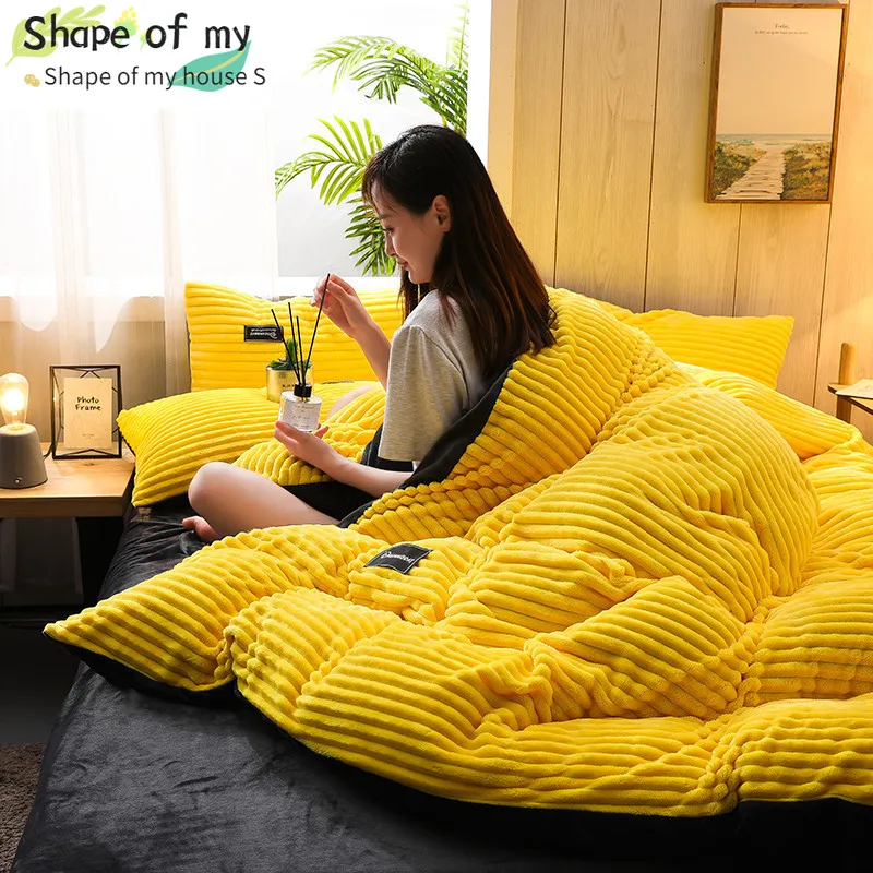 

New Coral Fleece Thick Four-Piece Milk Double-Sided Plush Duvet Cover Winter Magic Flannel Bedding Set 1-4pc Queen Bedding Set