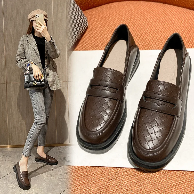 

Fashion Women Penny Loafer Shoes High Quality Weave Thick Bottoms Brown Shoes Woman Cute Ladies Flats Shoes Big Size Us 11