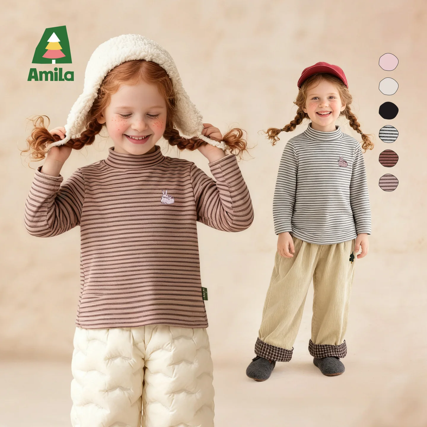 Фото Amila Kids 2025 г., зимняя нижняя рубашка с высоким воротником для девочек, мягкая, приятная для кожи, однотонная, в полоску, изысканная маленькая вышивка №3