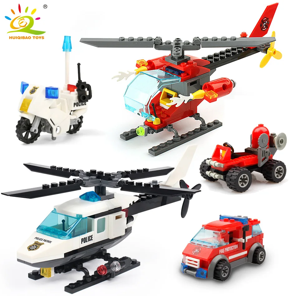 

HUIQIBAO City Police Helicopter Airplane Model Building Blocks Fire MOTO Bricks Educational Toys Gift For Children Give Figure