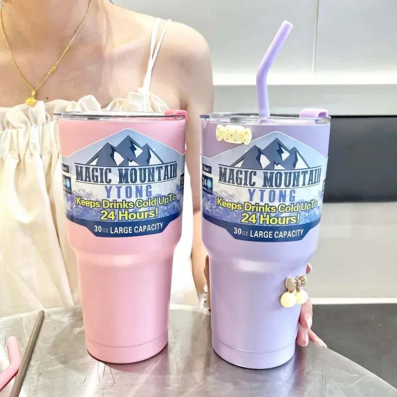 Автомобильная чашка 30 унций/900 мл кофейная с соломинкой для льда из нержавеющей