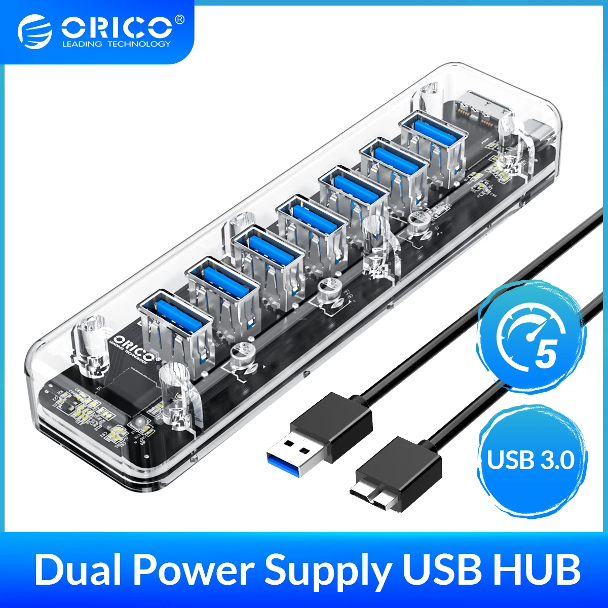 ORICO 4/7 Port USB 3.0 Hub Dual Power Supply Splitter Adapter OTG USB C Charger Hub Powered PC Computer Peripherals Accessories