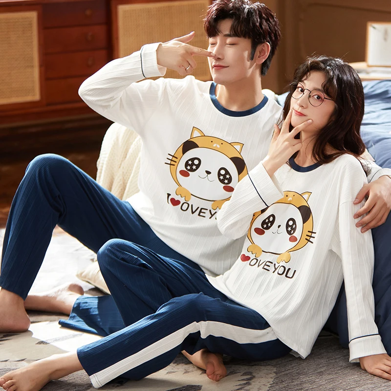 Autumn Couple Pyjamas Cotton Pj Set Man Women Cartoon Sleepwear Pajama Set Pijamas Mujer Homme Nightwear Home Clothing Drop Ship