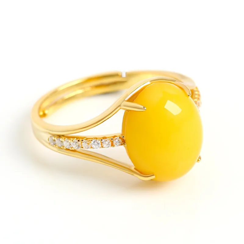 

Elegant Yellow Oval Chalcedony Ladies Adjustable Opening Ring Sparkling Zircon Crystal Ring for Women Party Wedding Jewelry