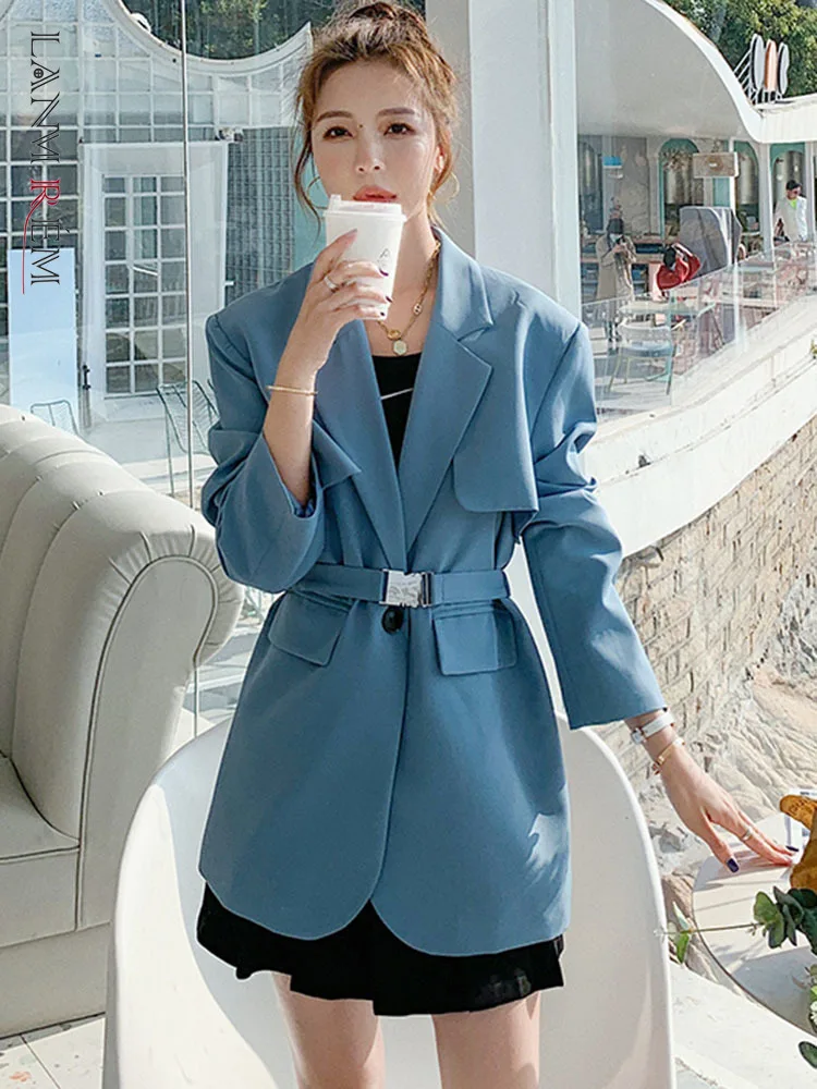 

LANMREM модные Лоскутные блейзеры для женщин с зубчатым воротником и поясом со сборкой на талии, однотонное пальто 2023, осенняя новая одежда 2AA1974