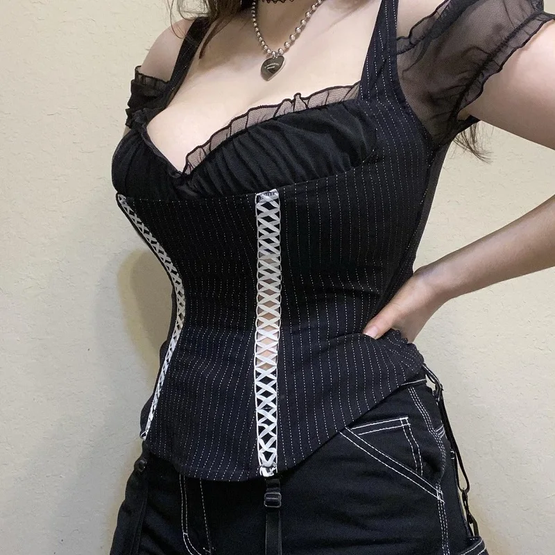 

Harajuku Grunge V Neck Short Sleeve T-shirt Y2K Aesthetic Frill Crop Top 90s Vintage Patched Summer Tee Strap Pullover Clothes