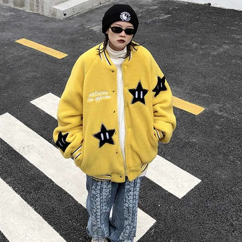 2022 women Hip Hop Streetwear Lamb Fleece Jacket Coat Furry Fleece Jacket Star Embroidery Harajuku Jacket Parkas Winter Outwear