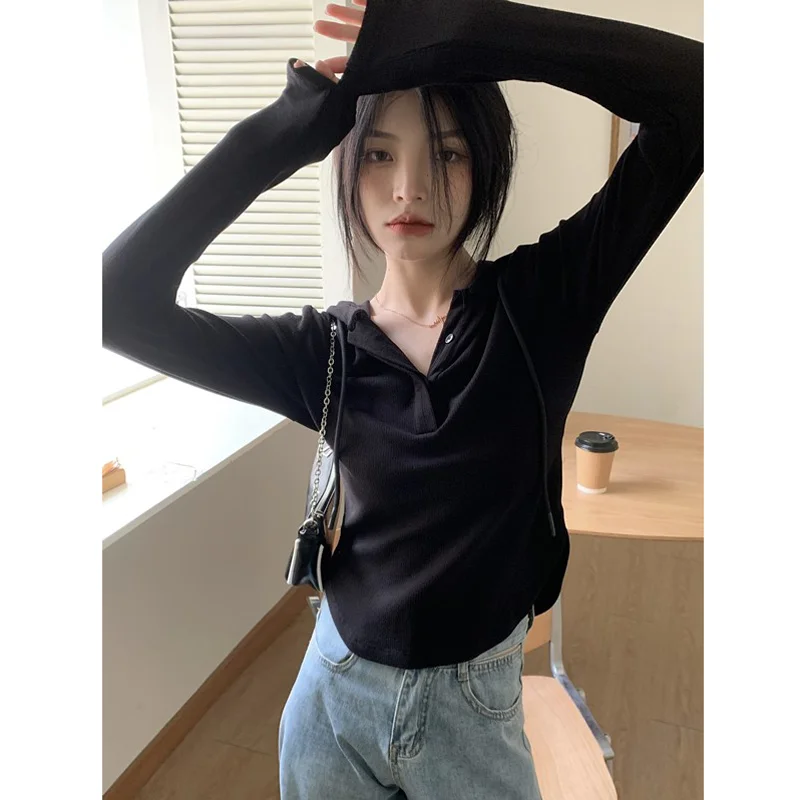

Black Hooded Long Sleeve T-shirt For Women Autumn Winter 2023 Fashion Casual Shirt Slim Top Solid Tshirts Clothes Ropa de Mujer