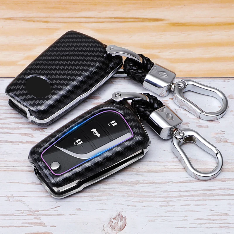 

ABS Carbon Fiber Remote Car Key Fob Case Cover Flip Bag Keychain Holder Protector for Toyota Corolla RAV4 Camry Highlander Reiz