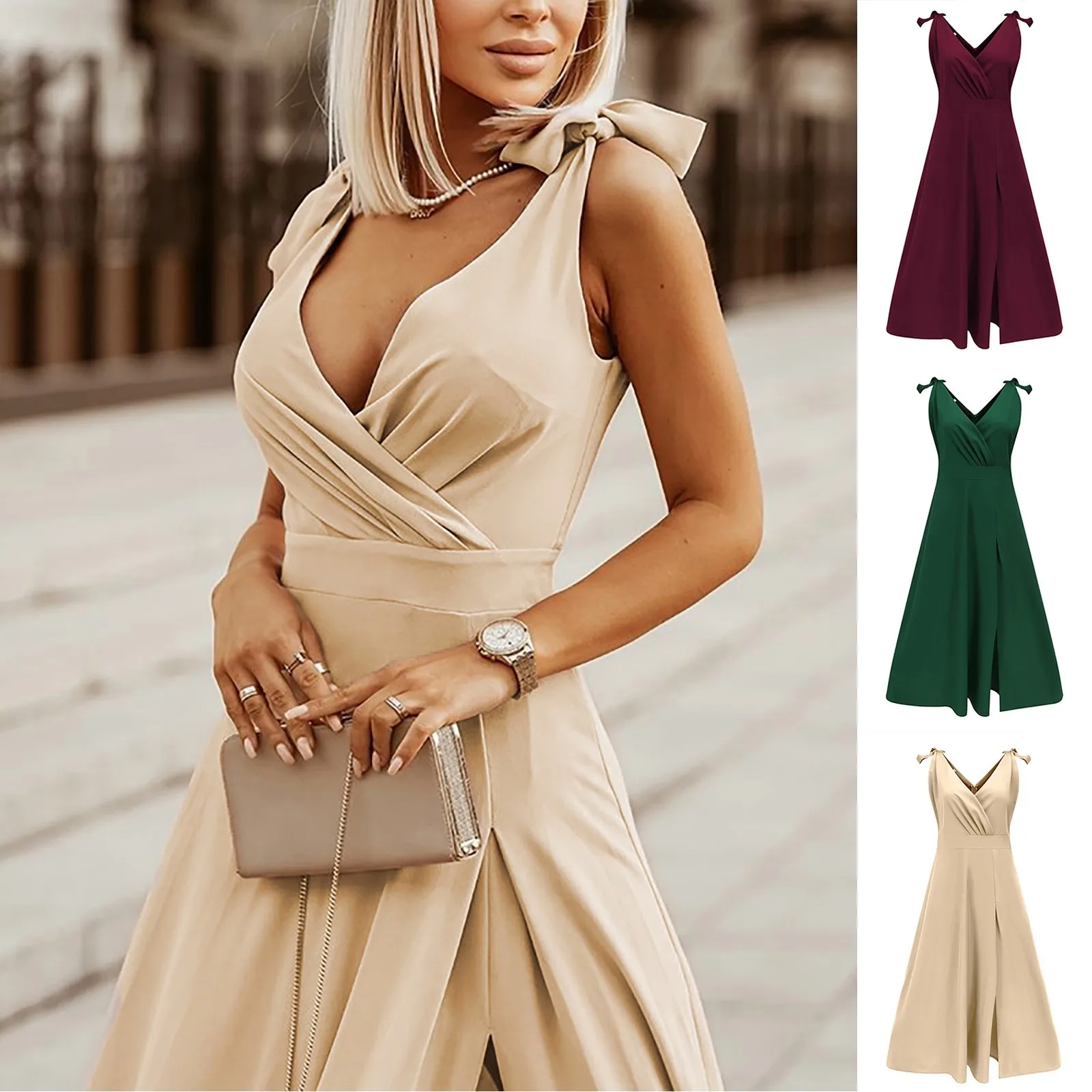 

Women Elegant Solid Color V Neck Party Dress Sexy Backless Ladies Sleeveless Beach Dress Vintage Female Summer Dress Vestidos