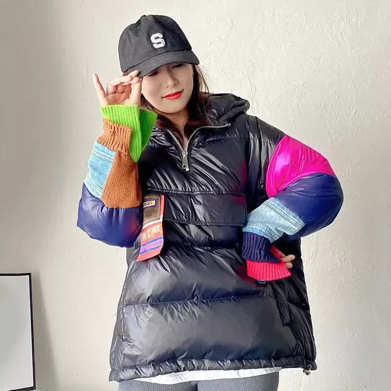 

White Goose down Women's winter jacket down jacket patchwork down jacket female 2021 denim cloth warm in winter