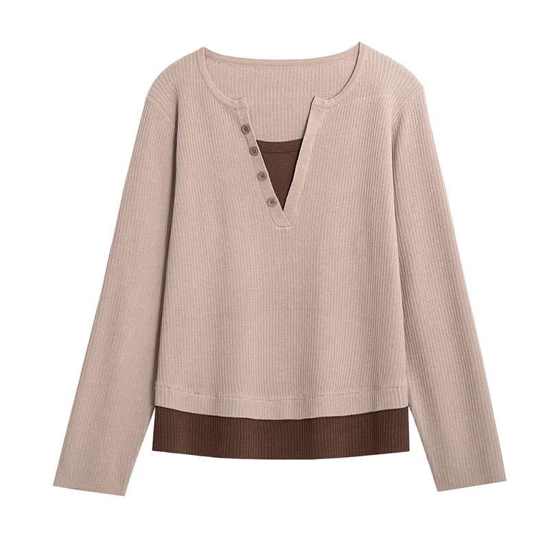 Женский трикотажный свитер с V-образным вырезом и длинным рукавом