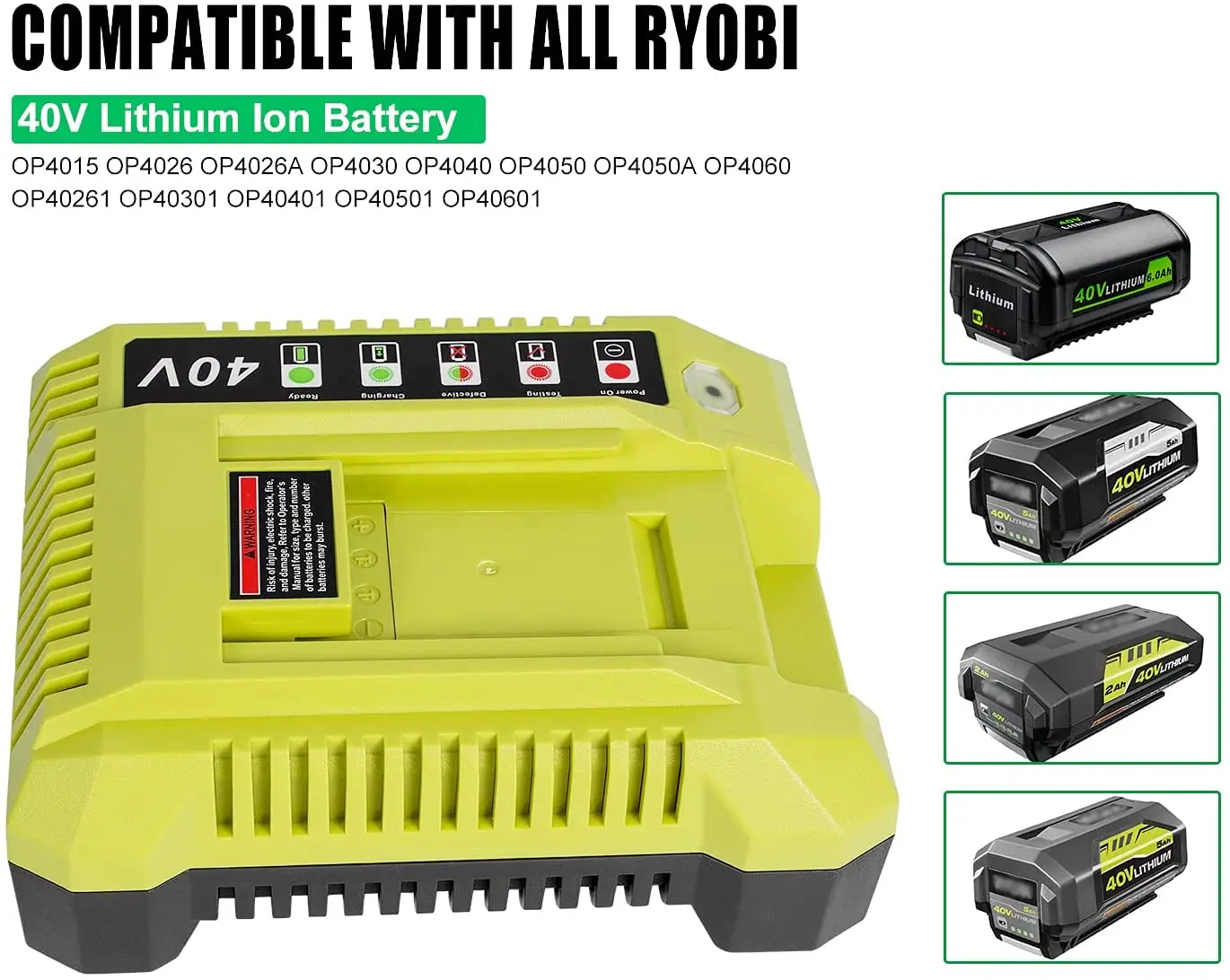 

40V Charger for Ryobi OP401 Lithium-Ion Battery Charger For OP4050A OP4015 OP4026 OP4030 OP4040 OP4050 OP400A OP403A ZROP401