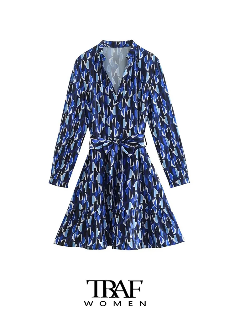 

Платье-мини с поясом, V-образным вырезом и длинным рукавом