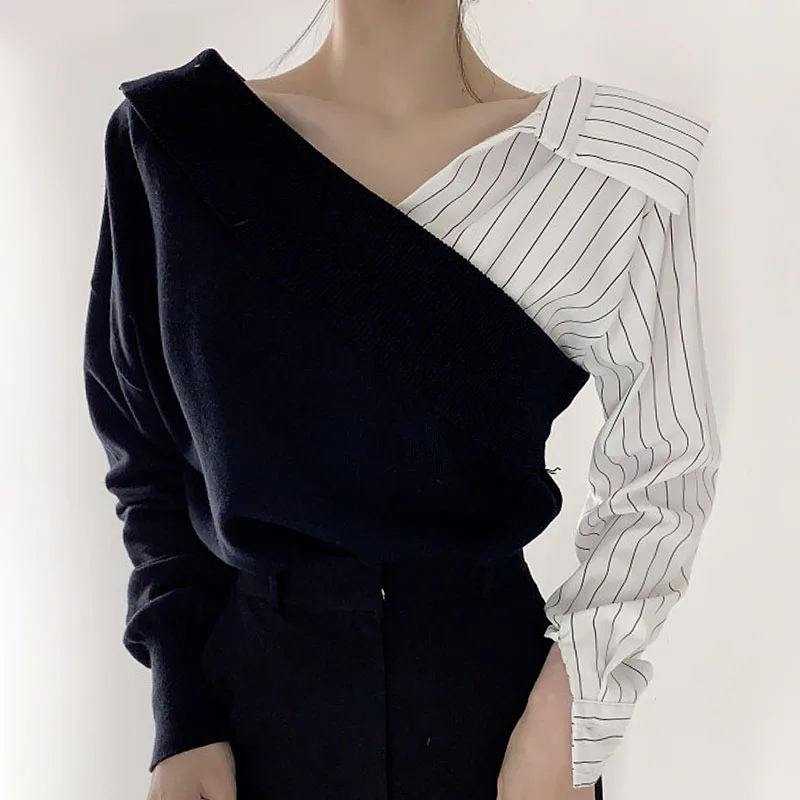 

Clothland Women Chic Striped Patchwork Blouse Turn Down Collar Long Sleeve Shirts Stylish Casual Tops Blusa LA452