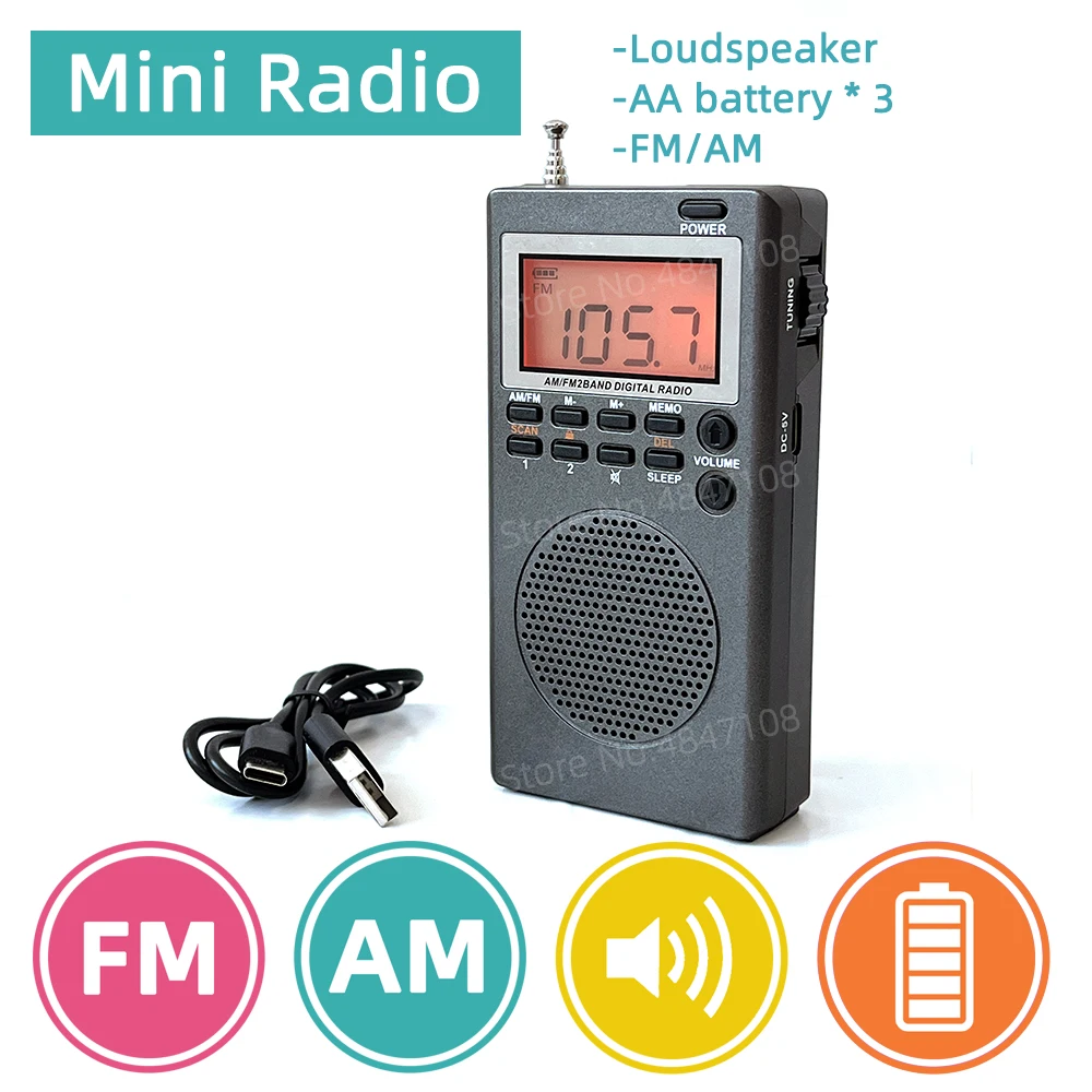 Портативный FM/AM-радио, мини-карманный FM AM цифровой приемник, 1,8 ...