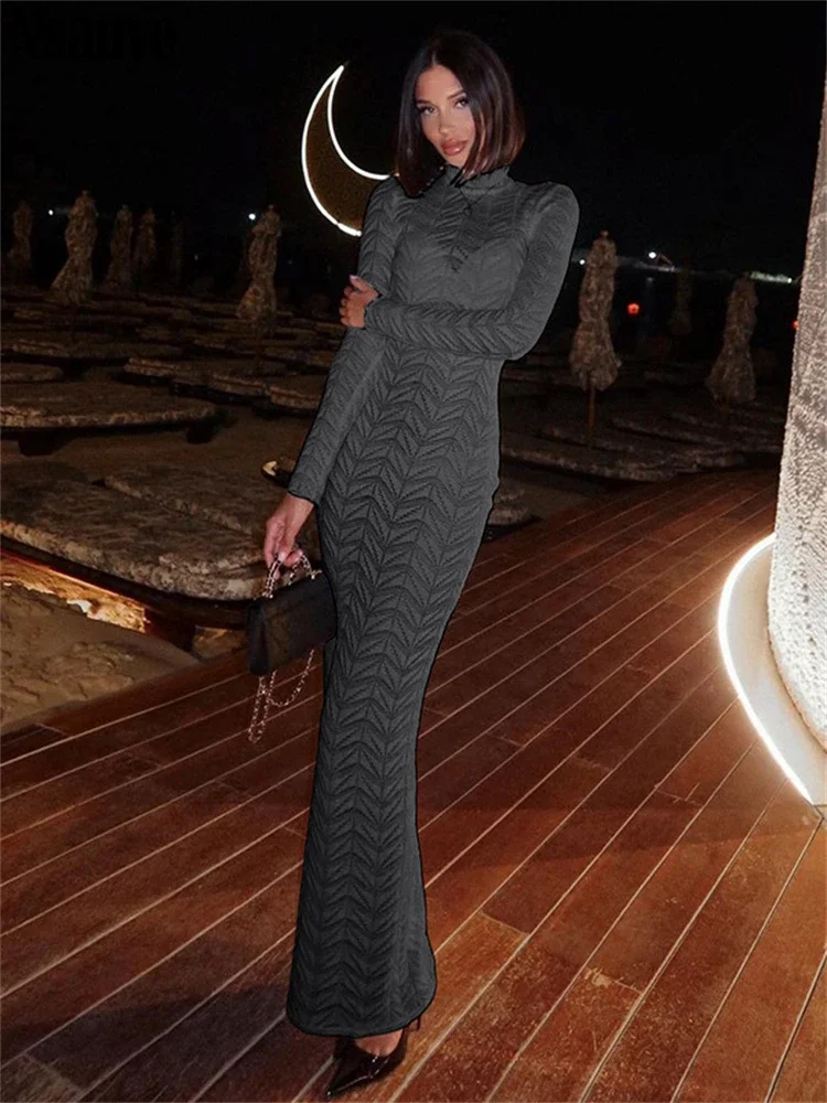 Nsauye водолазка с длинным рукавом длинное платье однотонное зимнее элегантное