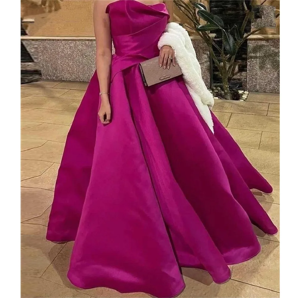 

Женское атласное платье без рукавов, длинное вечернее платье-трапеция цвета фуксии, плиссированное платье без бретелек для торжественных мероприятий и вечеринок, платье для выпускного вечера