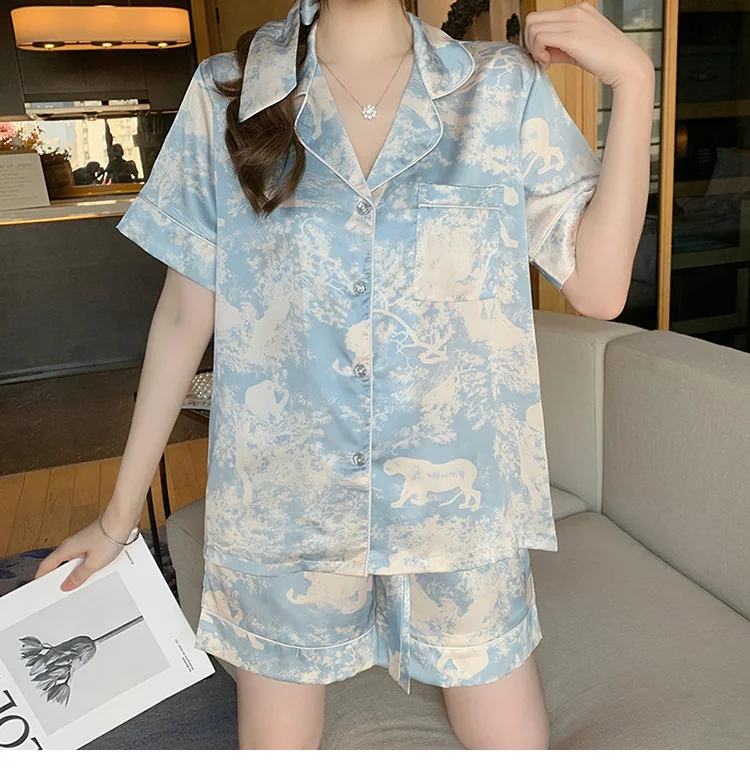 Summer new ice silk country tide print cardigan short-sleeved pajamas women's summer comfortable silk home service hairband