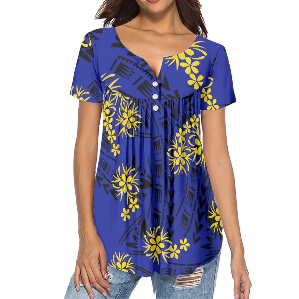 

Custom Casual Women T-shirt Short Sleeve T-shirt Blouse With Button Polynesian Clothing Samoa Black Tapa Flowers Print T-shirt