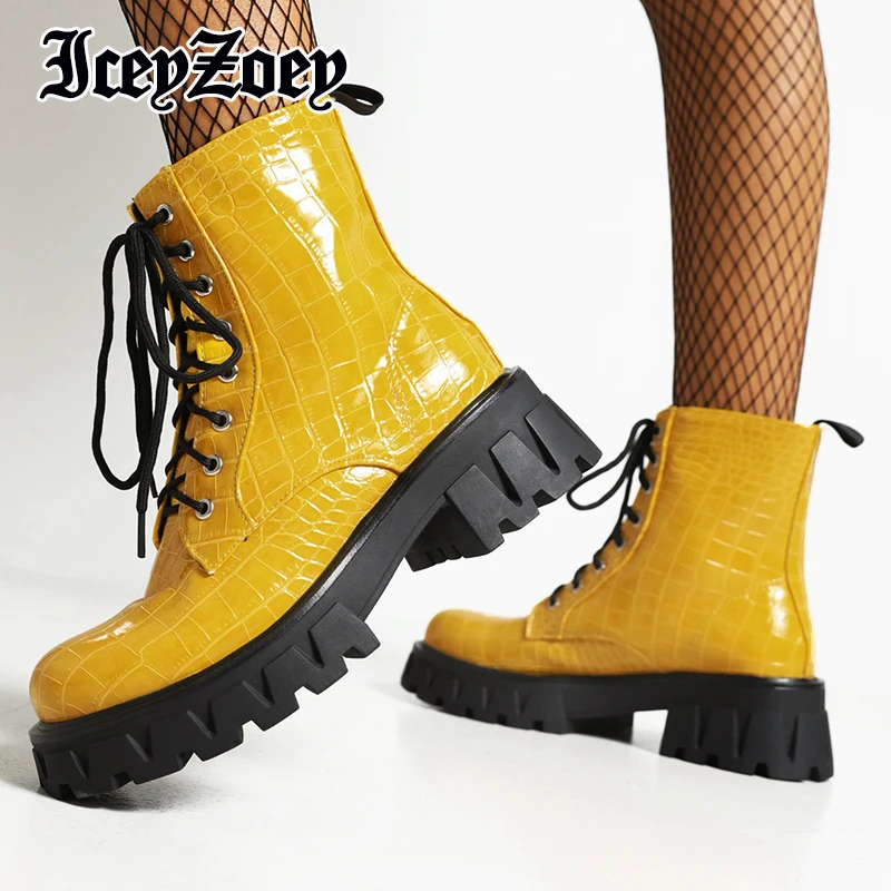 

IceyZoey Size Size 35-42 Women Boots Winter Thick Soled Boots Solid Lace-Up Ankle Boots Punk Knight Boots Female Shoes Footwear