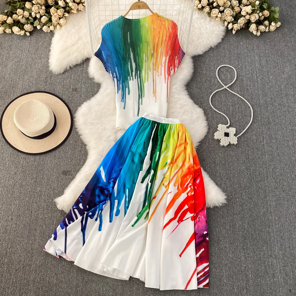 

2023 Runway Two Piece Skirt Suit Women Stretchy Pullover Tops+Pleated A Line Skirts Lady Summer Casual Streetwear 2 Pcs Sets